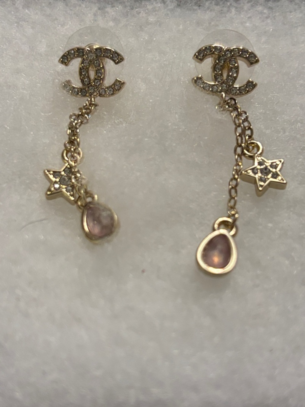Gold-Tone Diamond CC Drop Earrings with Pink Teardrops and Star Charms